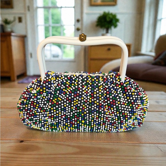 Colorful Beaded and White Reversible Women's Handbag - Picture 2 of 11